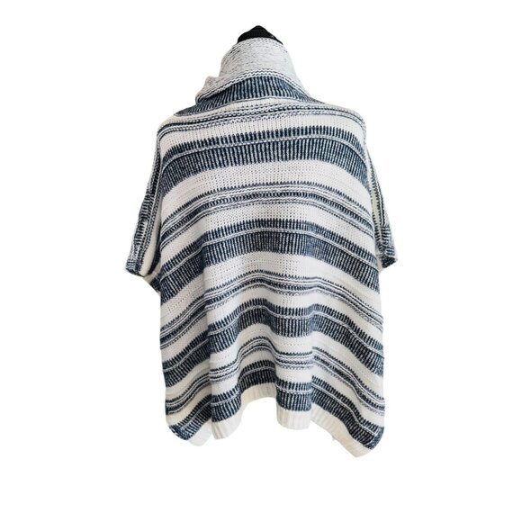Linda Anderson Striped Cowl Neck Blue White Poncho Fringe One Size Sweater boho - Picture 2 of 10